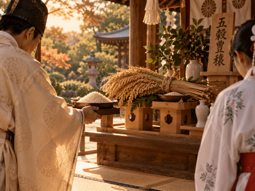 Cerimônia japonesa com arroz recém-colhido apresentado de forma ritual em altar tradicional