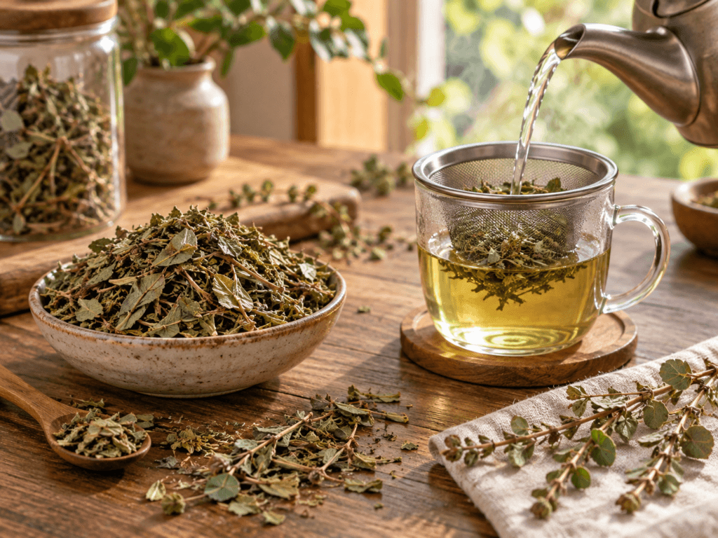 Preparo do chá de quebra-pedra com parte aérea seca de Phyllanthus niruri, mostrando a planta seca e a infusão em água quente.