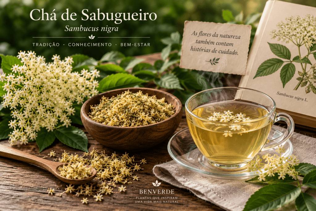 Chá de sabugueiro preparado com flores secas de Sambucus nigra, ao lado de flores frescas e material botânico.