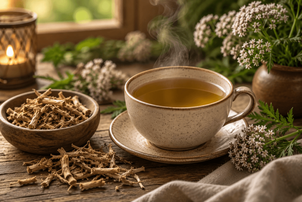 Xícara de chá de valeriana com raiz seca ao lado e flores de Valeriana officinalis ao fundo