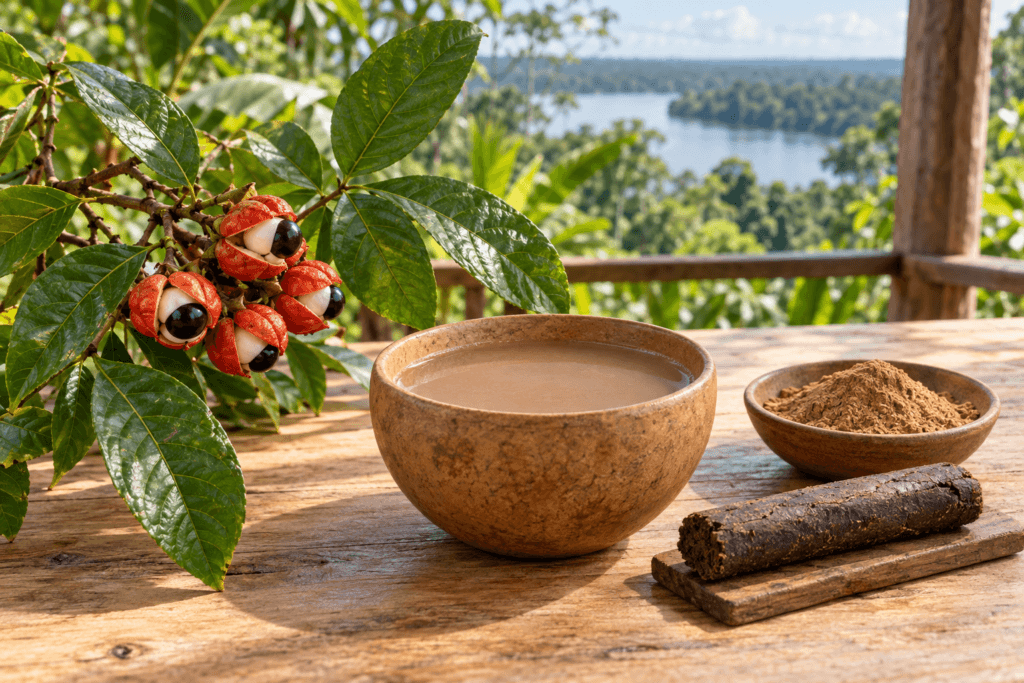 Chá de guaraná: da planta à bebida. Frutos de guaraná ao lado de bebida, pó puro e bastão da semente