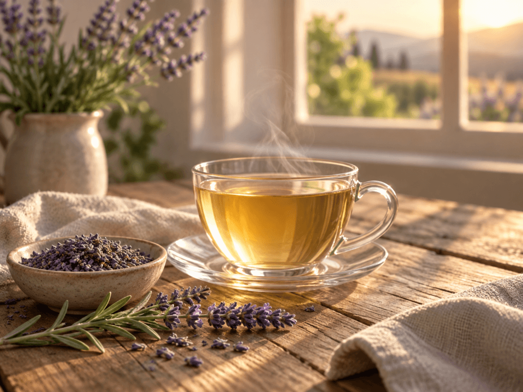 Xícara de chá de lavanda com flores secas e ramos de Lavandula angustifolia ao entardecer.