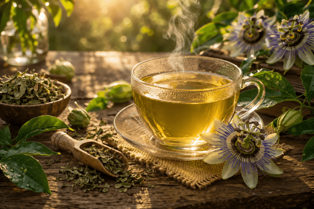 Xícara de chá de maracujá pronta para servir, com flores de passiflora, folhas e ervas secas ao redor