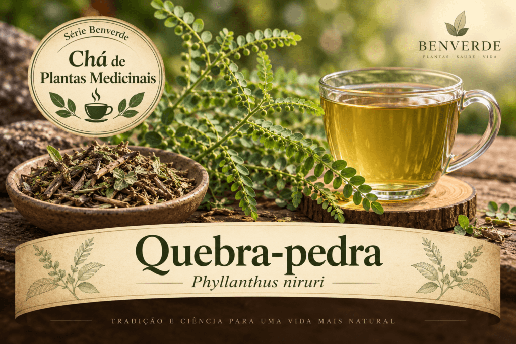 Chá de quebra-pedra (Phyllanthus niruri) em composição da série Benverde, com destaque para a planta e a preparação aquosa.