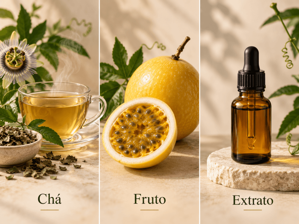 Imagem comparativa mostrando chá de maracujá, fruto de maracujá e extrato em frasco conta-gotas