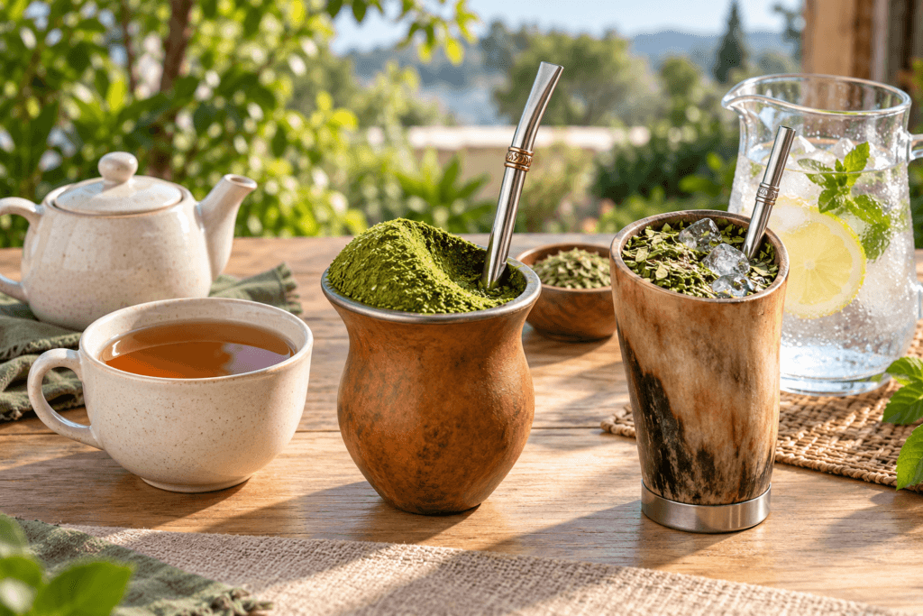Xícara de chá-mate coado ao lado de cuia de chimarrão e guampa de tereré