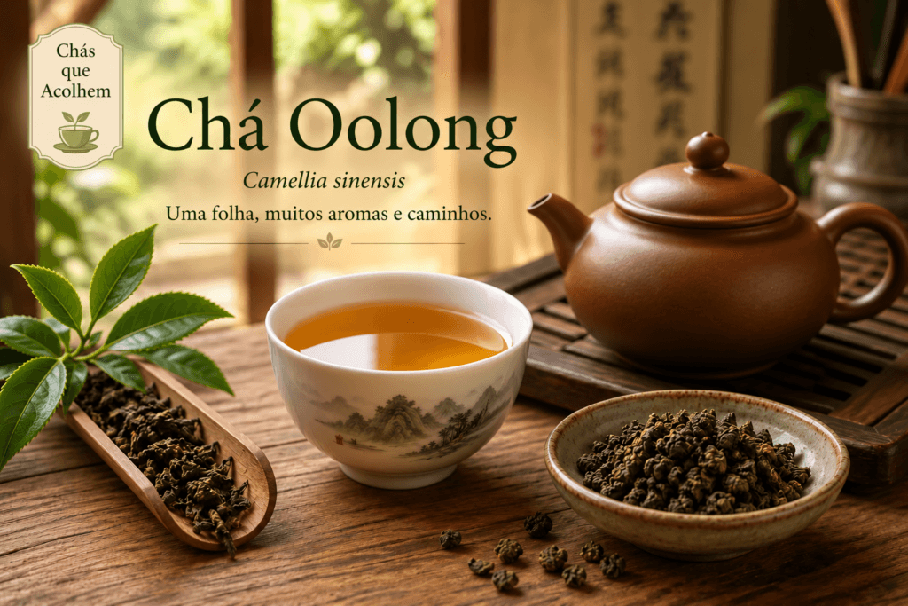 Xícara de chá Oolong coado ao lado de um bule de argila e folhas secas da Camellia sinensis
