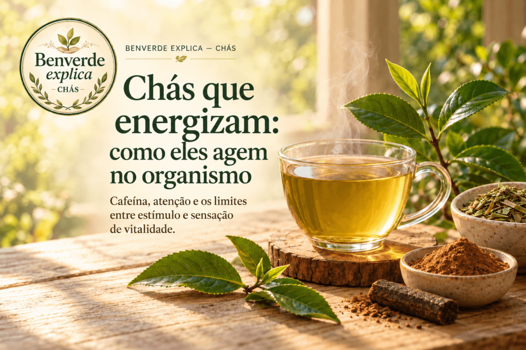 Chás que energizam: xícara de chá coado ao lado de folhas de chá-verde, erva-mate e guaraná em uma manhã iluminada