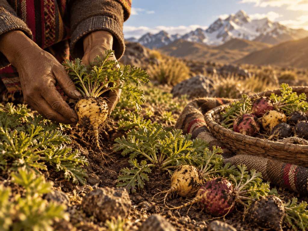 Colheita manual de maca-peruana em cultivo de altitude nos Andes