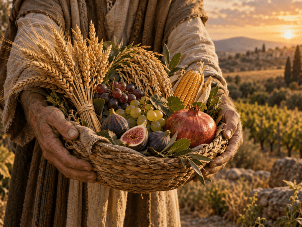 O ritual da colheita: cesto com trigo, arroz, milho, uvas, figos e romã segurado ao entardecer em contexto de colheita