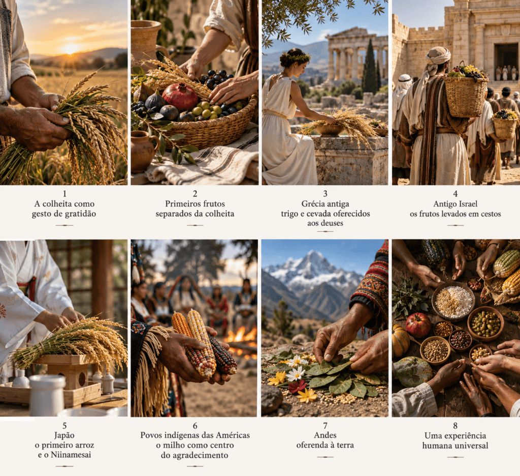 Painel editorial com oito cenas sobre colheita, primícias e oferendas em diferentes culturas do mundo