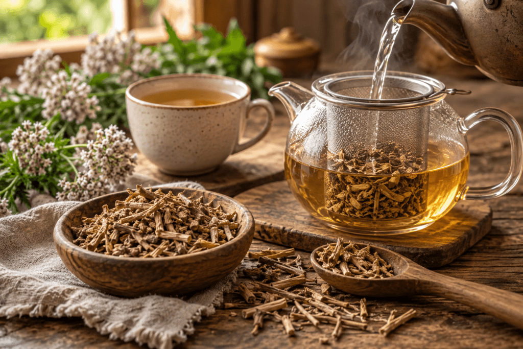 Água quente sendo despejada sobre raiz seca de valeriana em infusor para preparo do chá