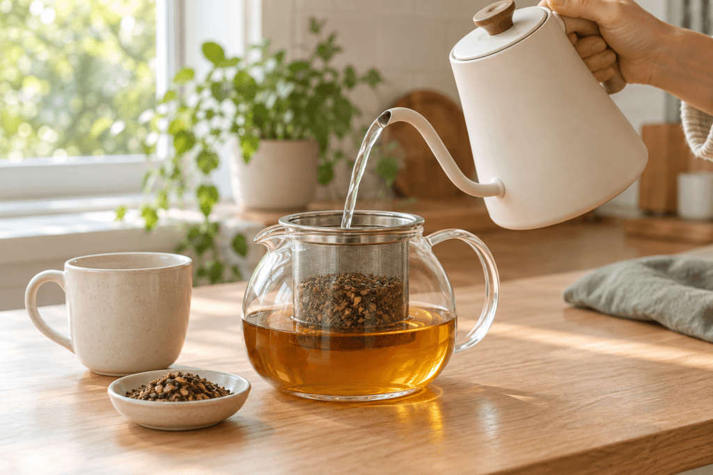 Água quente sendo despejada sobre mate tostado em infusor dentro de bule de vidro