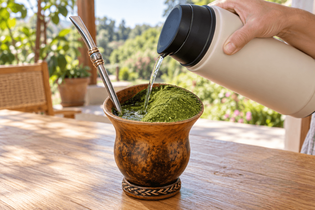 Água sendo colocada junto à bomba em cuia com erva-mate inclinada para preparar chimarrão