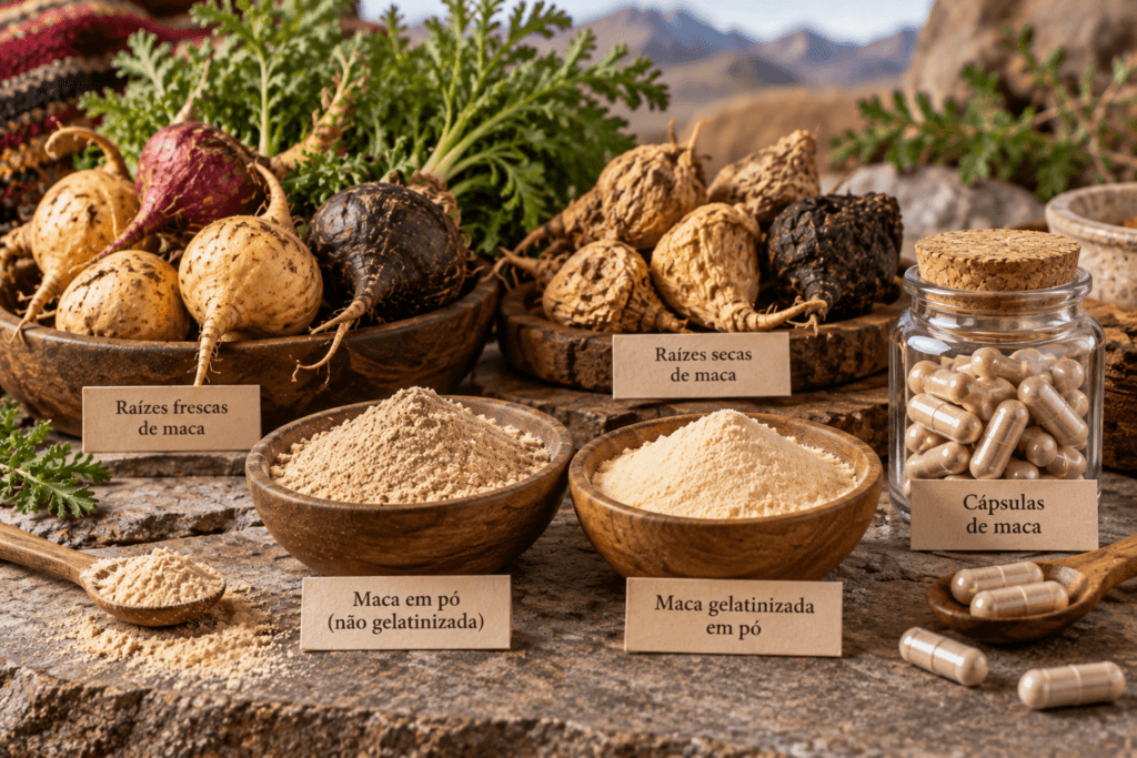 Maca-peruana fresca e seca, maca em pó, maca gelatinizada e cápsulas