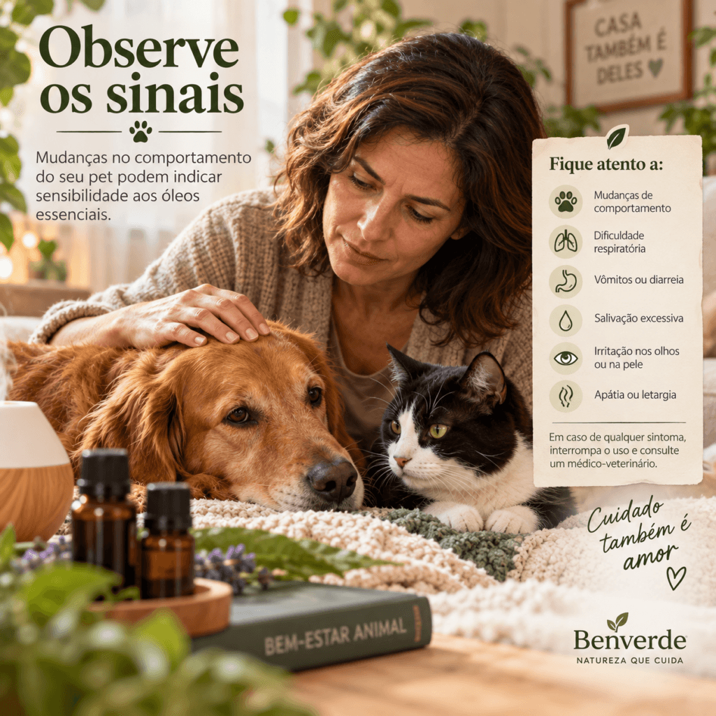 Tutora observando cão e gato com quadro informativo sobre sinais de alerta após exposição a óleos essenciais