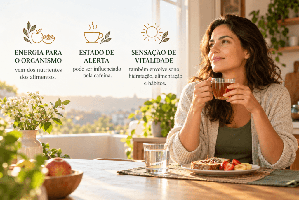 Mulher tomando chá pela manhã com explicações sobre energia dos alimentos, cafeína e sensação de vitalidade