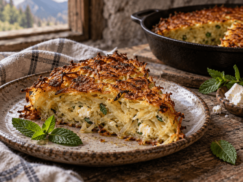 Fatia de patatnik dourado com batata ralada, hortelã e queijo branco