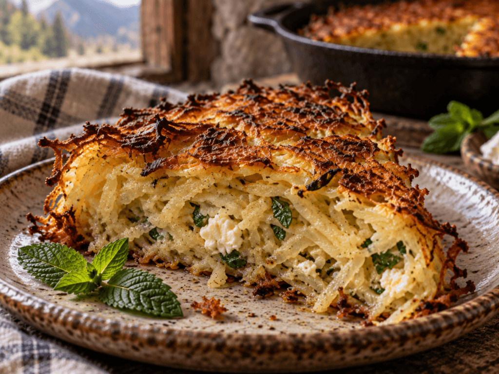 Close de fatia de patatnik com fios de batata, queijo branco e ervas