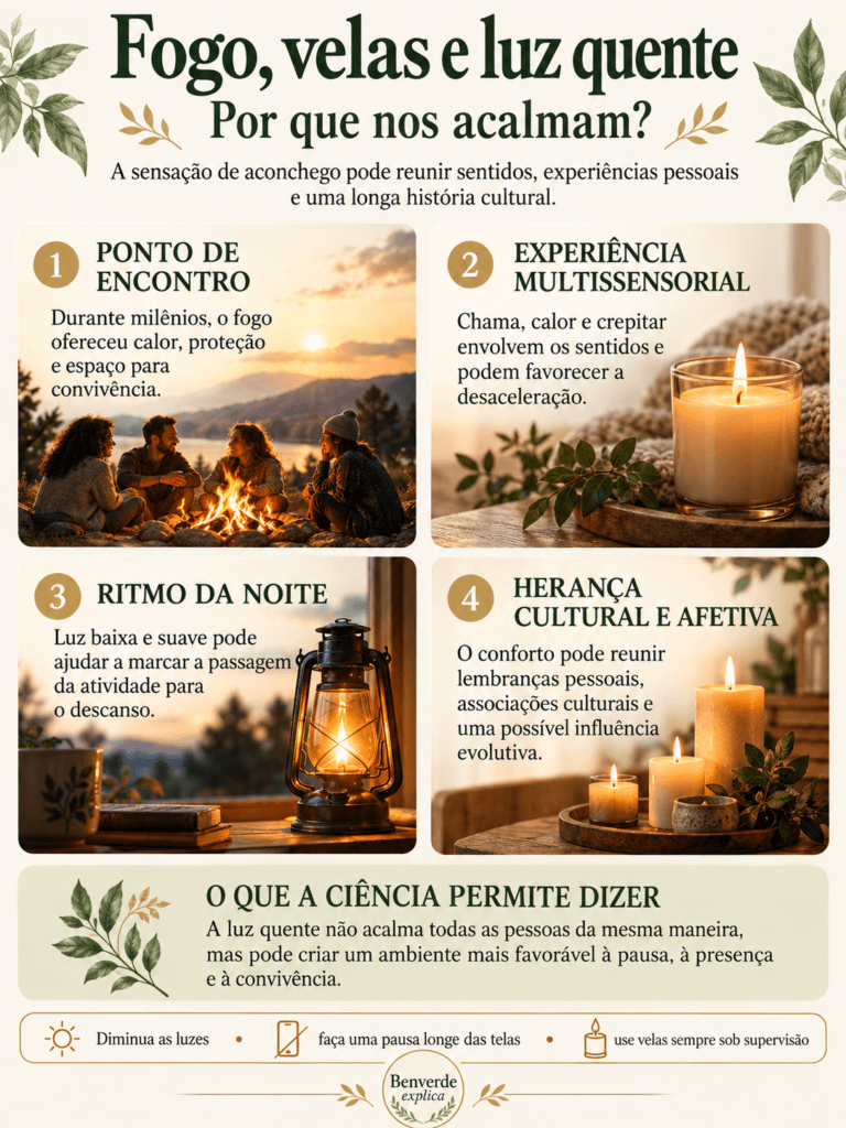 Infográfico explica como fogo, velas e luz quente podem favorecer acolhimento, convivência e desaceleração