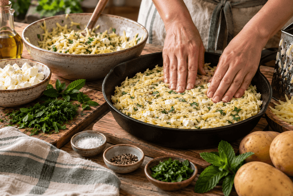 Mãos espalhando mistura de batata ralada, queijo e ervas em frigideira de ferro