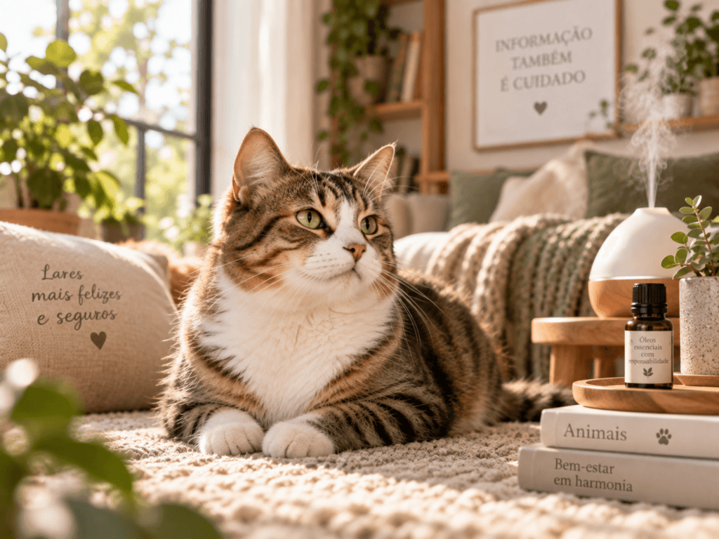 Gato em ambiente interno com difusor e frasco de óleo essencial em segundo plano