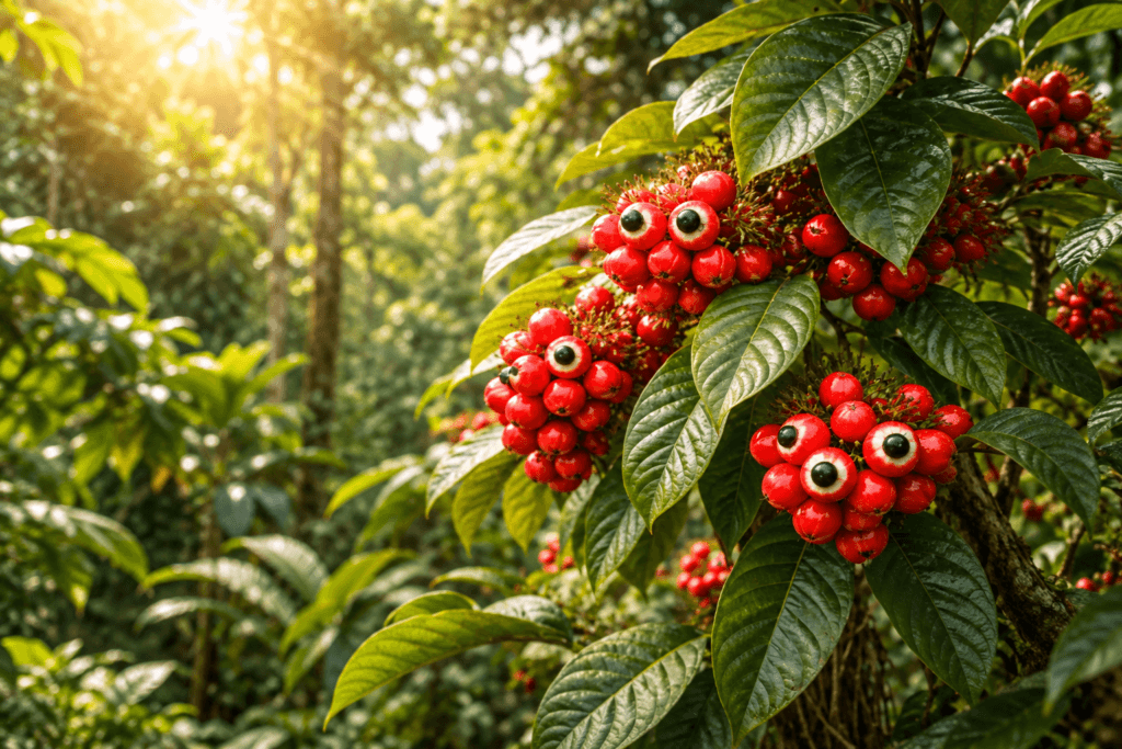 Ramos de guaranazeiro com frutos vermelhos maduros em ambiente amazônico