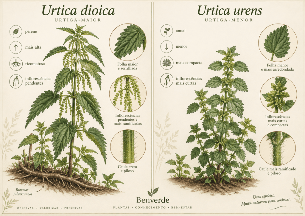 Comparação botânica entre Urtica dioica e Urtica urens, mostrando diferenças visuais entre as duas espécies de urtiga.