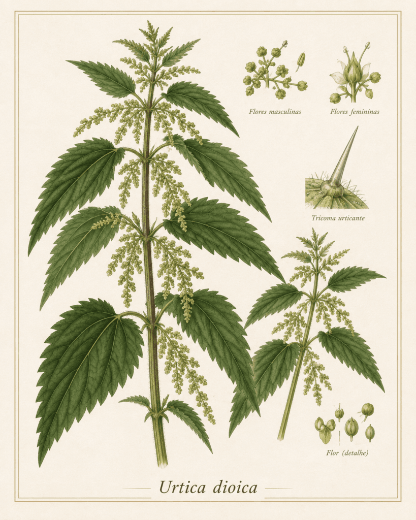 Prancha botânica de Urtiga (Urtica dioica) com folhas serrilhadas, inflorescências e detalhes morfológicos em fundo claro.