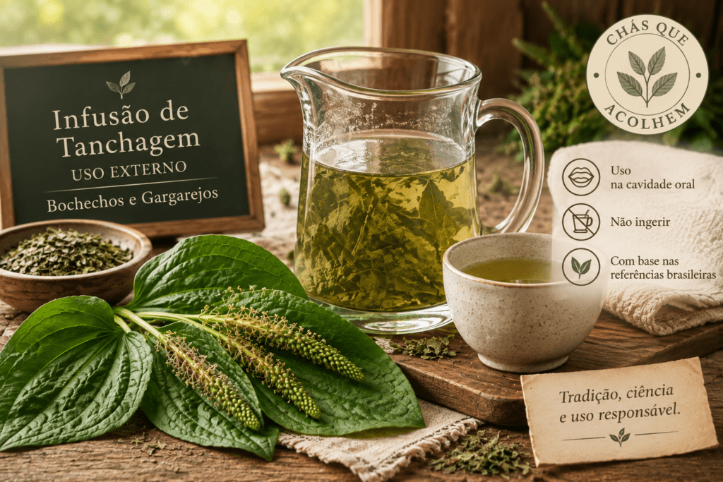 Chá de tanchagem (Plantago major) preparada para uso externo em bochechos e gargarejos, com folhas de tanchagem ao lado.