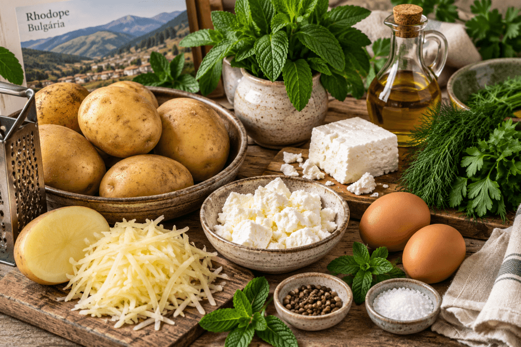 Batatas, hortelã, queijo branco, ovos e ervas para preparar patatnik