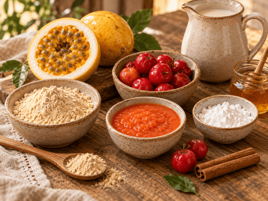 Maca em pó, maracujá, acerola, canela e amido para preparar a bebida