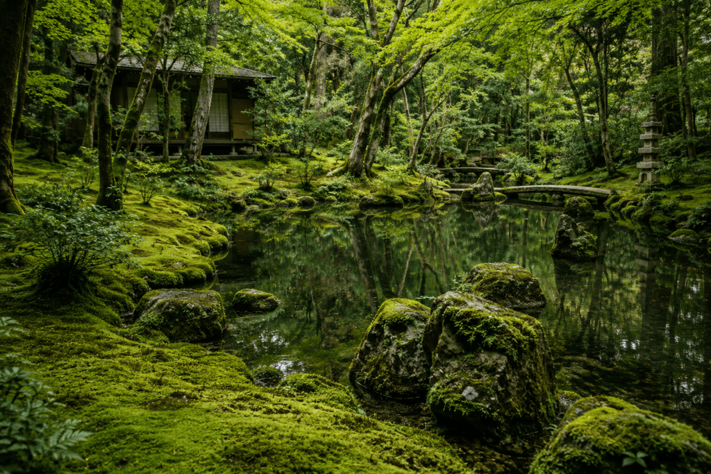 Lago tranquilo cercado por musgo, pedras e árvores em jardim zen japonês