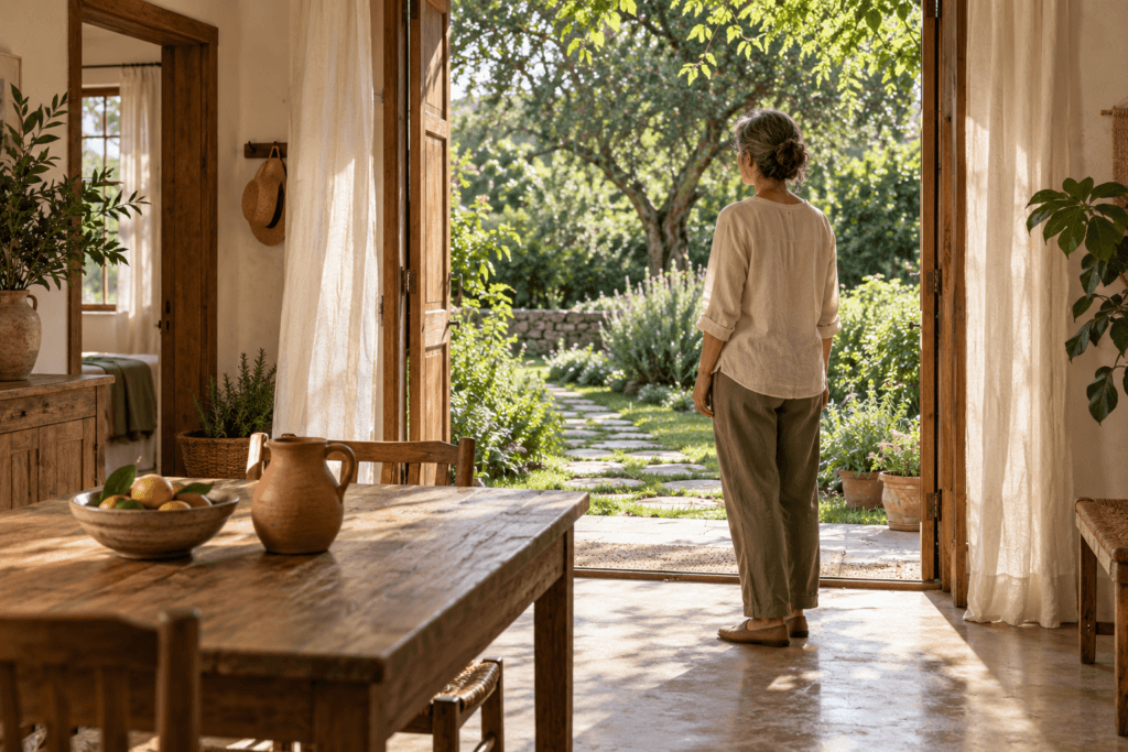 O luxo de uma vida simples: mulher contemplando um jardim a partir de uma casa simples e iluminada