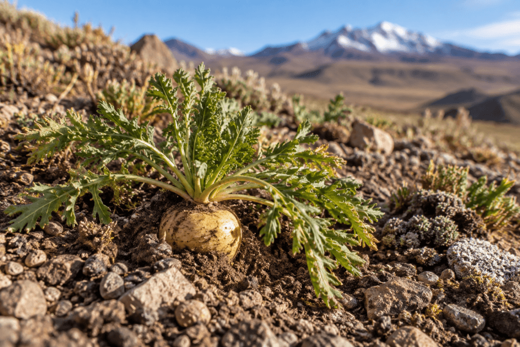Lepidium meyenii crescendo em solo pedregoso de altitude nos Andes
