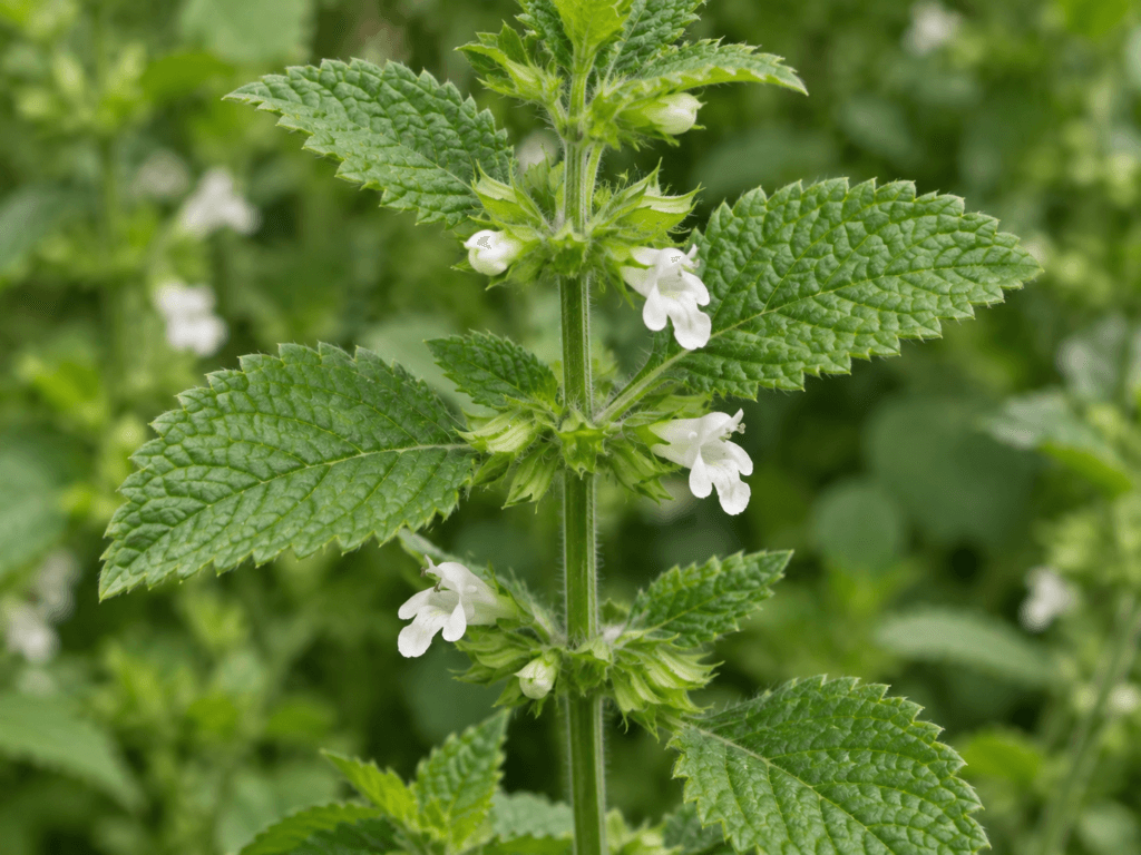 Planta Melissa officinalis com folhas verdes aromáticas e pequenas flores brancas.