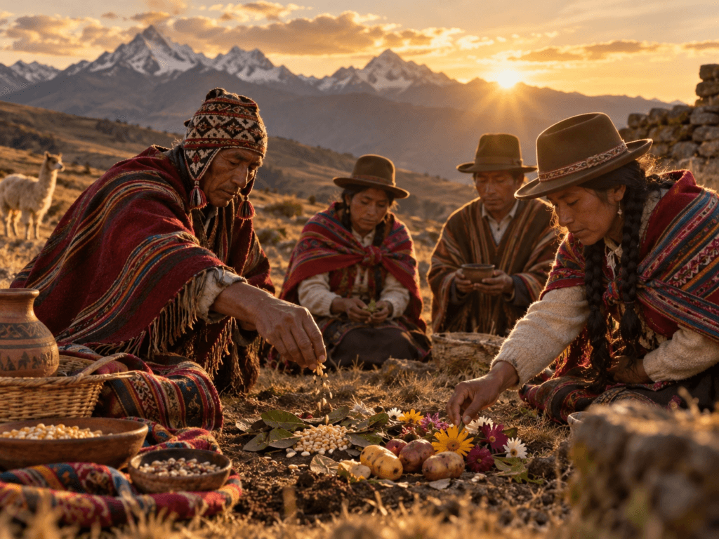 Pessoas em vestimentas andinas oferecendo grãos, flores e alimentos sobre a terra ao entardecer