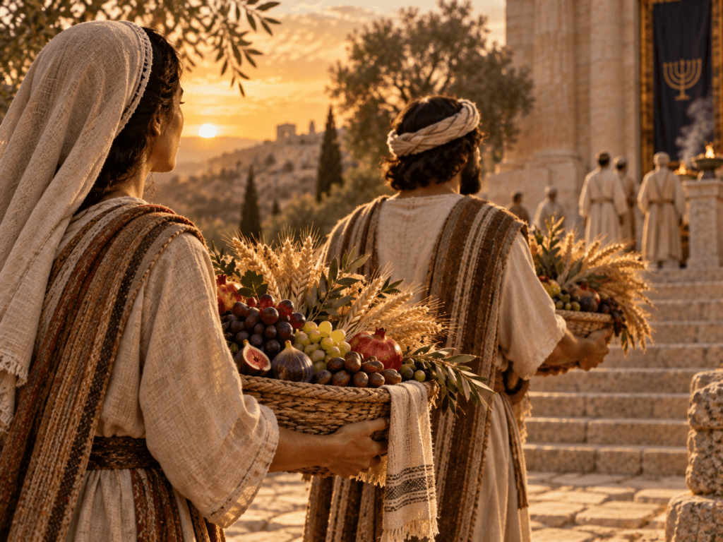 Pessoas levando cestos com frutos e cereais em direção a um espaço sagrado, inspirados na tradição das primícias no antigo Israel
