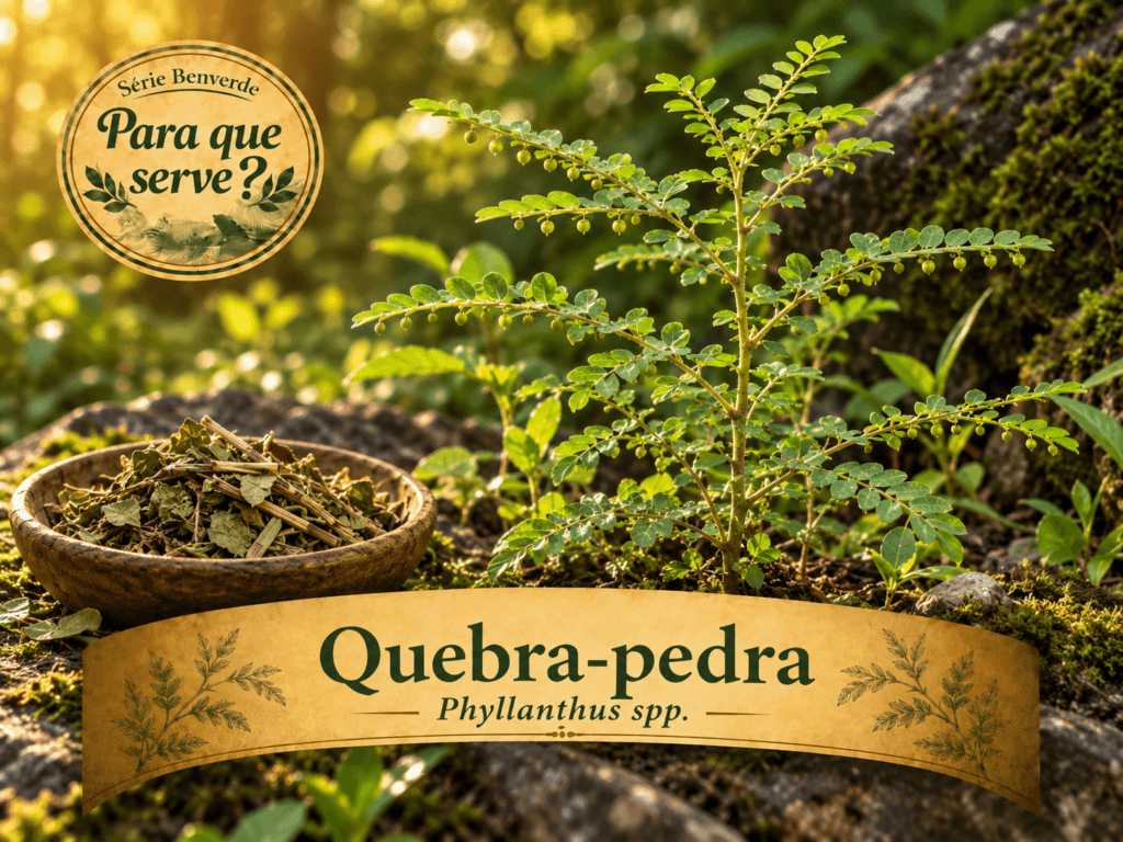 Imagem principal do post Para que Serve a quebra-pedra, mostrando a planta em ambiente natural, com selo da série e faixa com o nome da espécie.