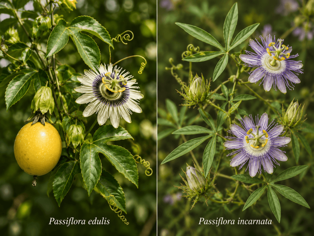 Comparação lado a lado entre Passiflora edulis e Passiflora incarnata, mostrando folhas, flores e fruto
