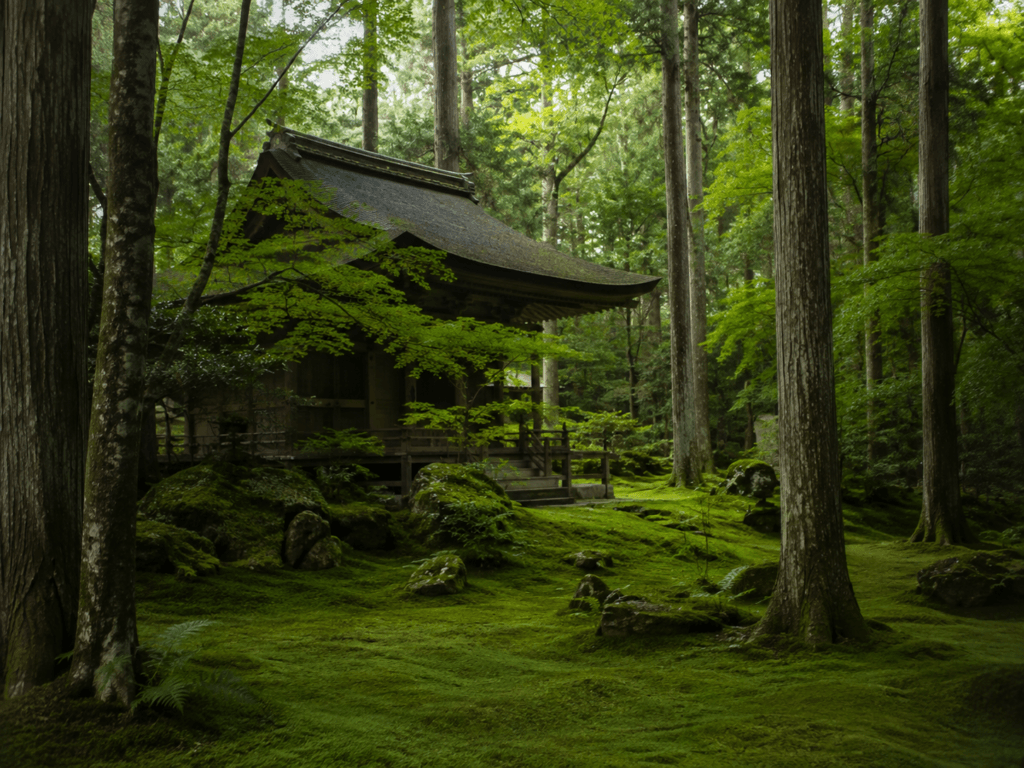 Pavilhão tradicional japonês cercado por árvores e musgo em jardim contemplativo