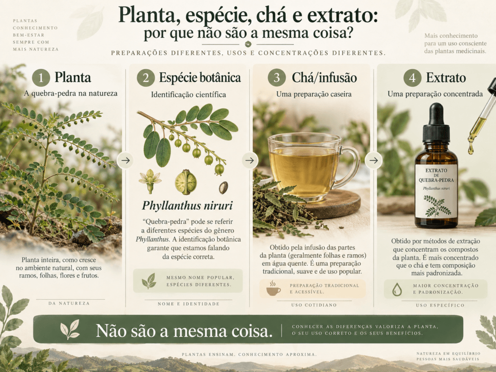 Infográfico comparando planta inteira, espécie botânica, chá de quebra-pedra e extrato, mostrando que essas formas não são equivalentes.