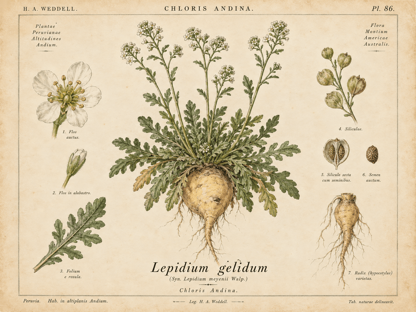 Adaptação histórica de Lepidium gelidum relacionada à atual Lepidium meyenii em estilo de prancha botânica do século XIX