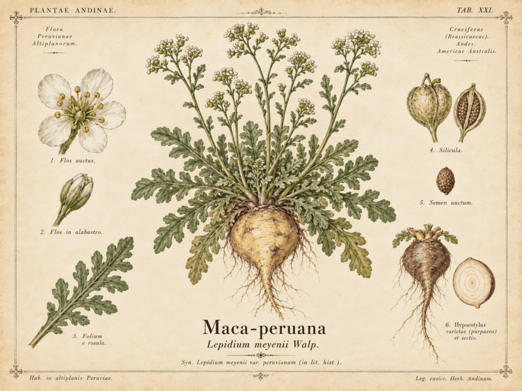 Prancha botânica da maca peruana (Lepidium meyenii) com folhas, flores, frutos e hipocótilo da maca-peruana