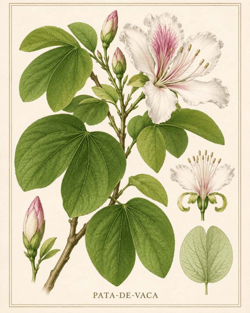 Prancha botânica da Pata-de-vaca (Bauhinia forficata) com folhas bilobadas e flor branca em destaque.