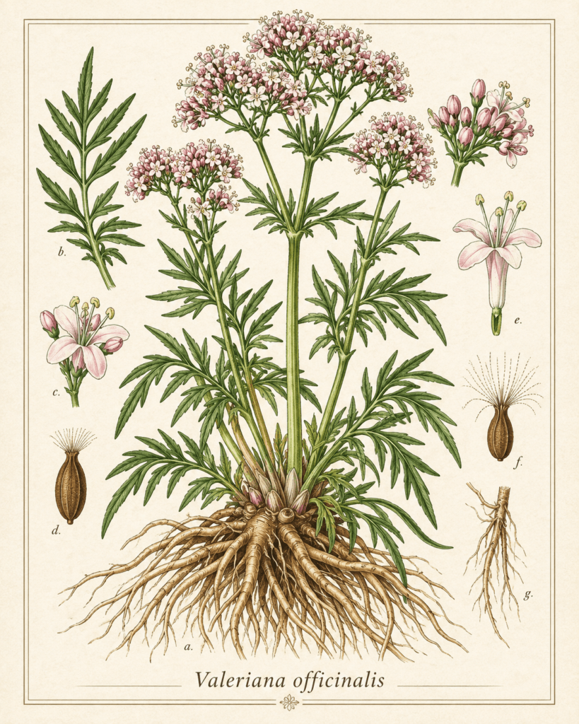 Prancha botânica de Valeriana officinalis com planta florida, folhas, raízes e rizoma em destaque.