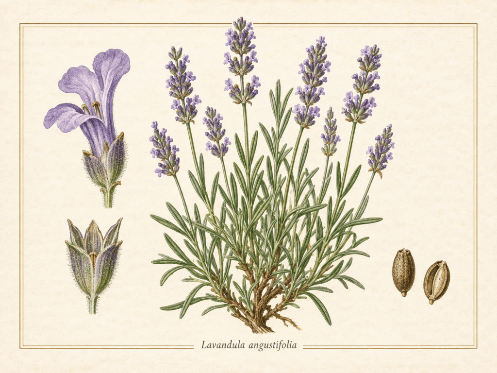 Prancha botânica da lavanda (Lavandula angustifolia) com ramos floridos violetas, folhas estreitas e detalhes da flor.