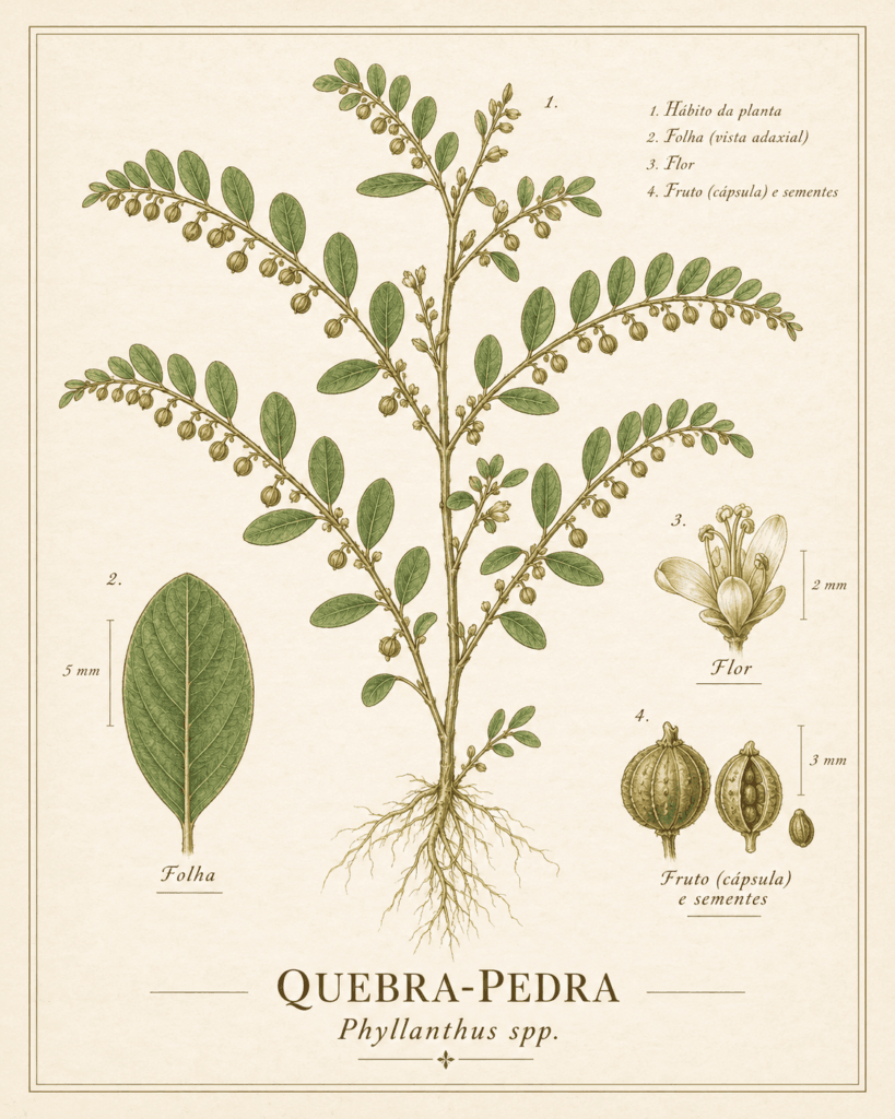 lustração botânica científica do gênero Phyllanthus, publicada em catálogo botânico histórico, com representação detalhada de ramos, folhas, cápsulas e estruturas reprodutivas.