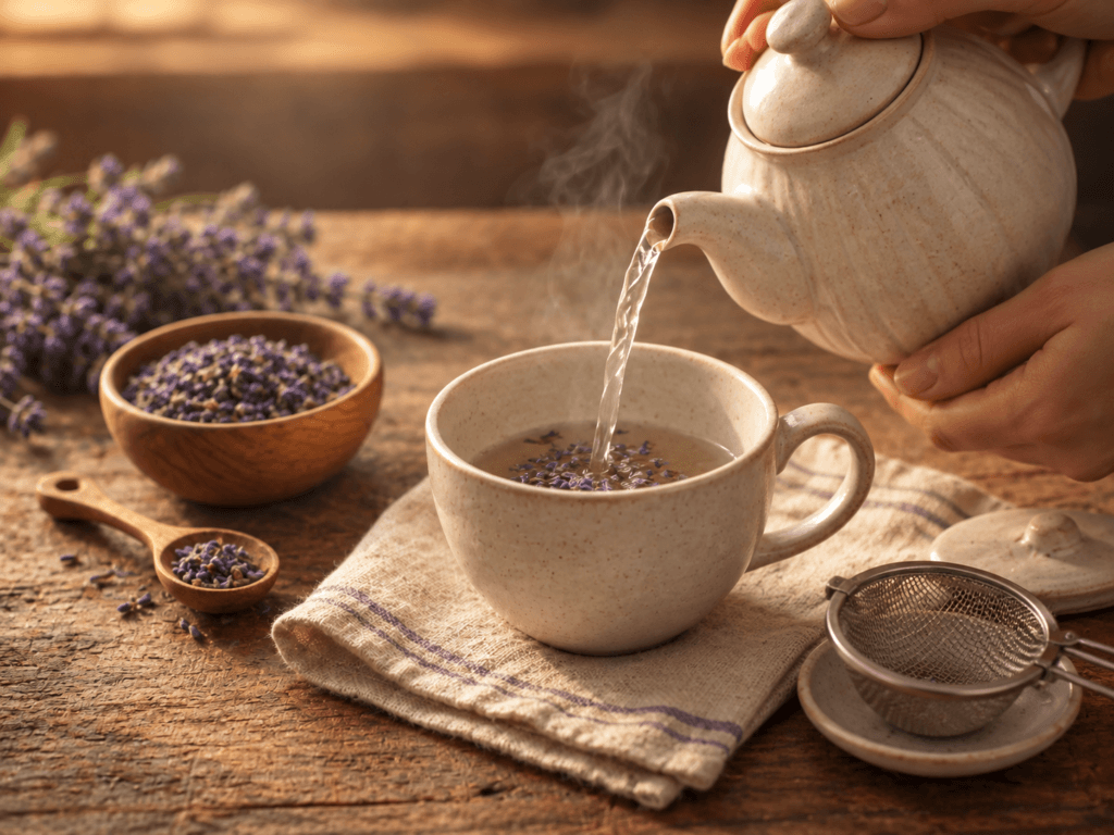 Preparo de chá de lavanda com água quente sendo despejada sobre flores secas de Lavandula angustifolia.