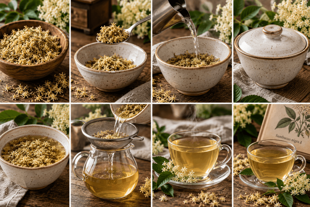 Etapas do preparo do chá de sabugueiro com flores secas de Sambucus nigra, água quente, infusão tampada e coagem.